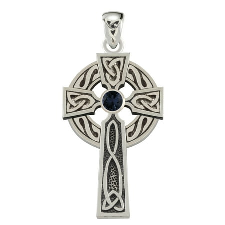 - 1.5in 0.925 Sterling Silver Irish Celtic Knot Cross Pendant Sapphire