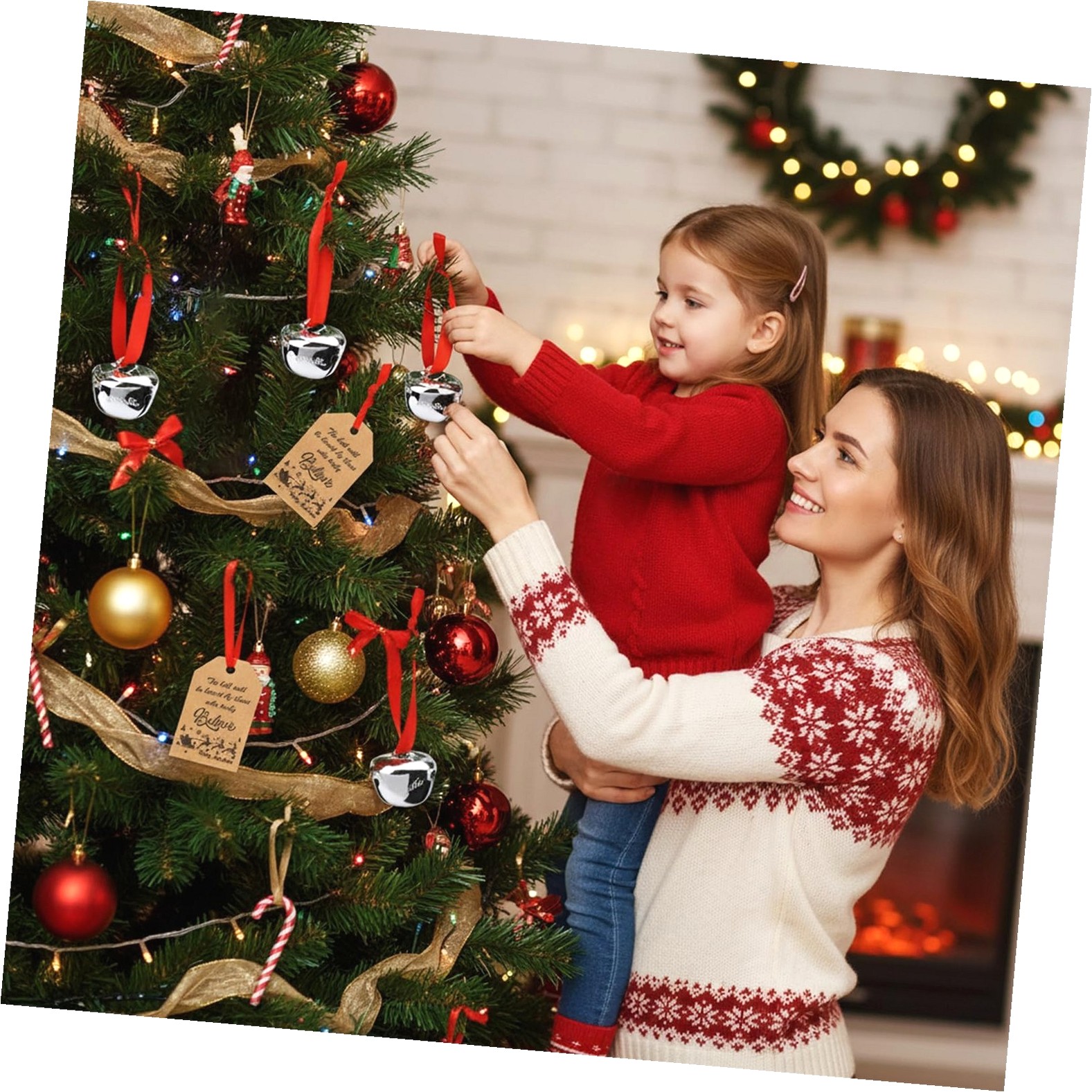 Fuliko 50 Sets Christmas Believe with Tags Red Velvet Bag, Christmas Jingle Tree Decoration for Xmas Tree Decorations Party