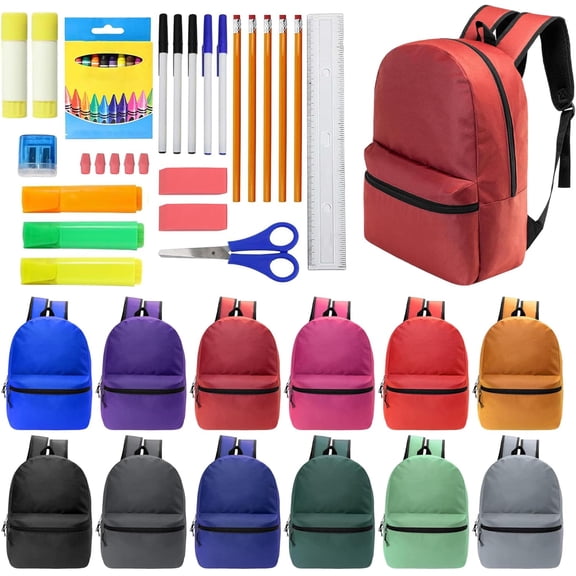 Moda West 17 Inch Bulk Backpacks with 36 Piece School Supplies Kits - Pens, Pencils, Crayons - Case of 12 Wholesale Backpacks in 12 Assorted Colors