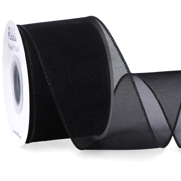 Árbol de Navidad Ribbli de organza negro con alambre de 2,5 cm x 18 m