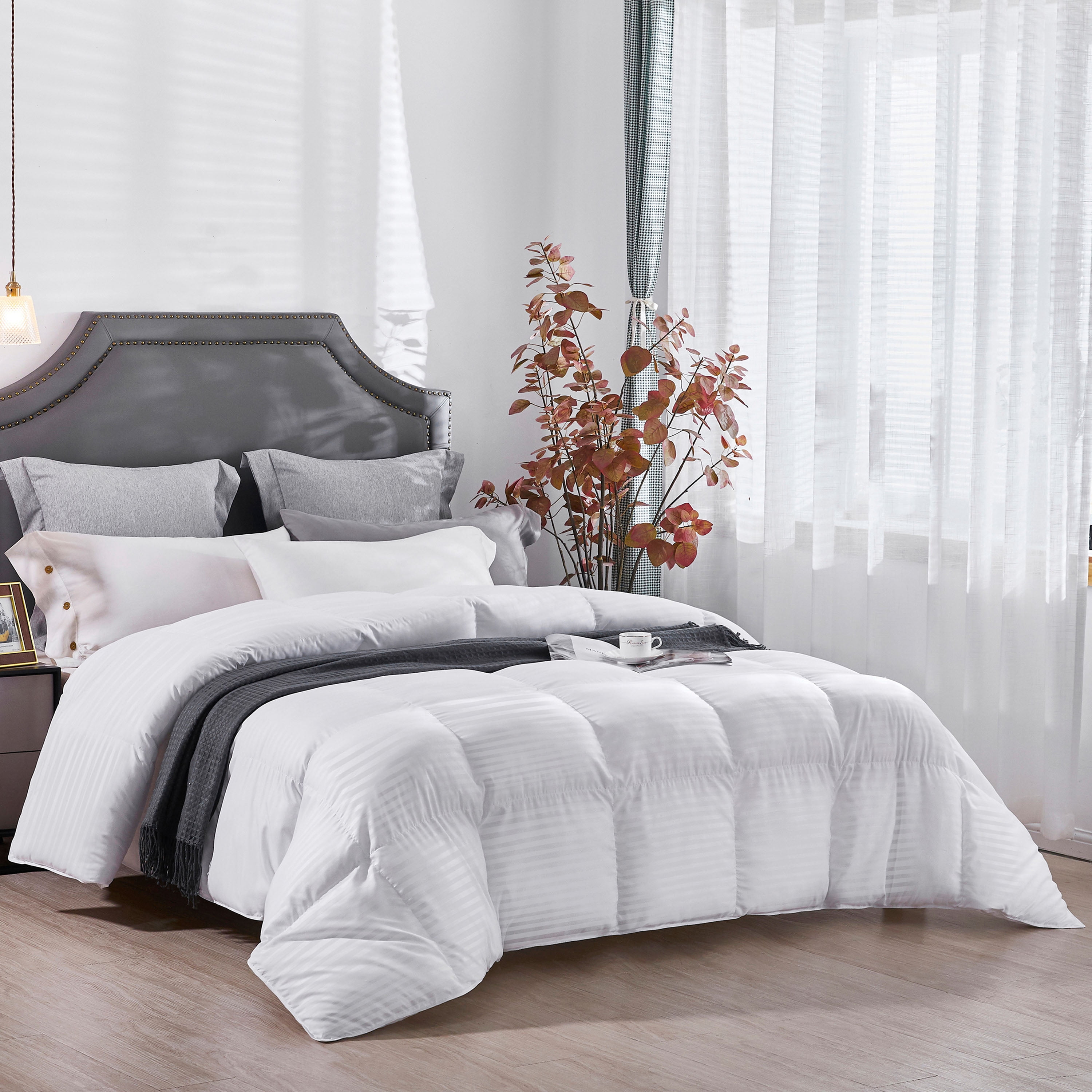 Three Geese Duvet Insert Down Alternative Comforter Queen Size, Soft Lightweight Quilted All Season Bedding Comforter with 8 Corner Tabs, Hypoallergenic & Machine Washable ( White  Stripe, 90"X90")