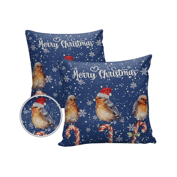 Pack of 2 Outdoor Pillow Covers, Merry Christmas Robins Stand on Candy Cane Snowflake Blue Waterproof Square Throw Pillowcase Cushion Decorative Pillow Covers for Couch Patio Tent, 20x20 in