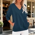 thumbnail image 2 of V-Neck Sweatshirt Women Fleece Pullover with Side Pockets Lightweight Casual Loose Solid Color Long Sleeve Fall Sweatshirt No Hood Navy S, 2 of 6