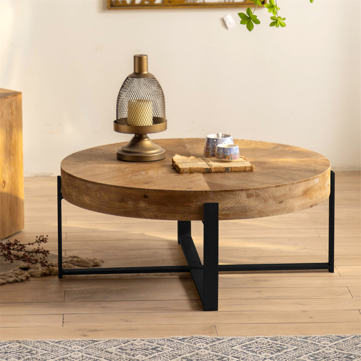 Round Coffee Table, Retro Splicing End Table Short Leisure Tea Table
