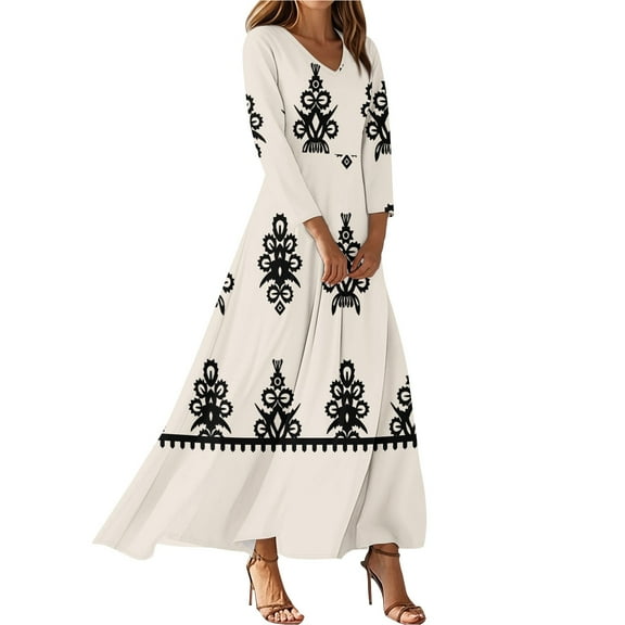 Elegant Long Dresses For Women 2025 Long Sleeve V Neck Vintage Tunic WaistedMaxi Dress Floral Printed Beach Clothes Trendy Boho Dresses