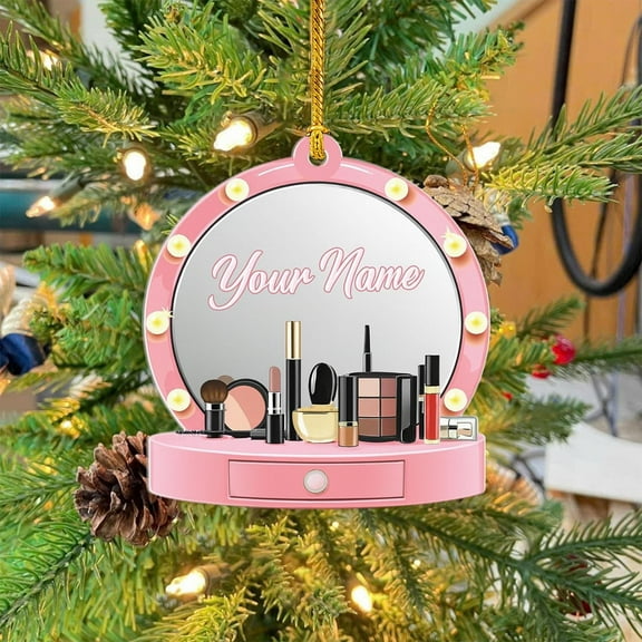 Personalized Vanity Mirror Ornament , Custom Name Acrylic Makeup Gift for Beauty Lover or MUA , Christmas Tree Decoration