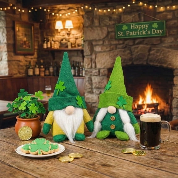 St. Patrick's Day Gnome Plush Decoration, Handmade Green Shamrock Swedish Tomte, Lucky Irish Elf Dwarf for Home Tabletop Tiered Tray (8.66 Inch)