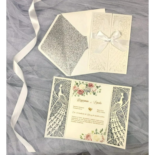 Tarjetas de invitación blancas cortadas con láser, árbol dorado, bolsillo de boda, invitación de fiesta de cumpleaños, invitaciones de matrimonio, sobre plateado brillante, 1 pieza