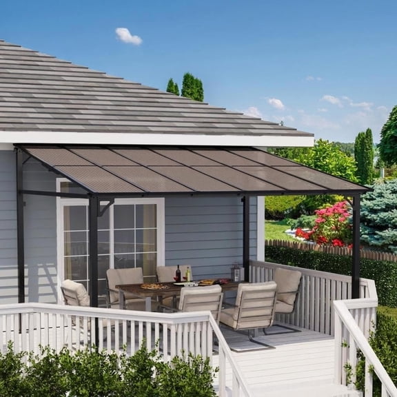 10'x12' Wall Mounted Hardtop Gazebo, Aluminum Frame with Sloped Polycarbonate Roof, Weather Resistant Outdoor Awning for Patio & Backyard, Dark Brown