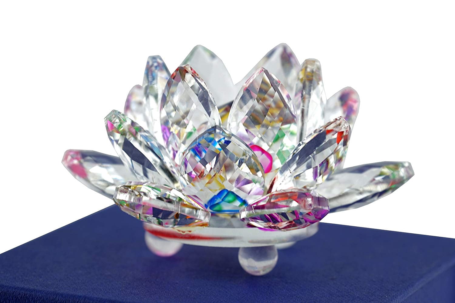 High Quality Sapphire Sparkle Crystal 3 inch Decorative Clear Reflection Lotus Flower For Feng Shui Home Decor with Gift Box (Rainbow)