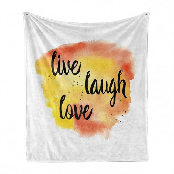 Live Laugh Love Soft Flannel Fleece Blanket, Ink Painted Style Lettering on Soft Watercolors Inspiration Artwork, Cozy Plush for Indoor and Outdoor Use, 70" x 90", Yellow Coral Black, by Ambesonne