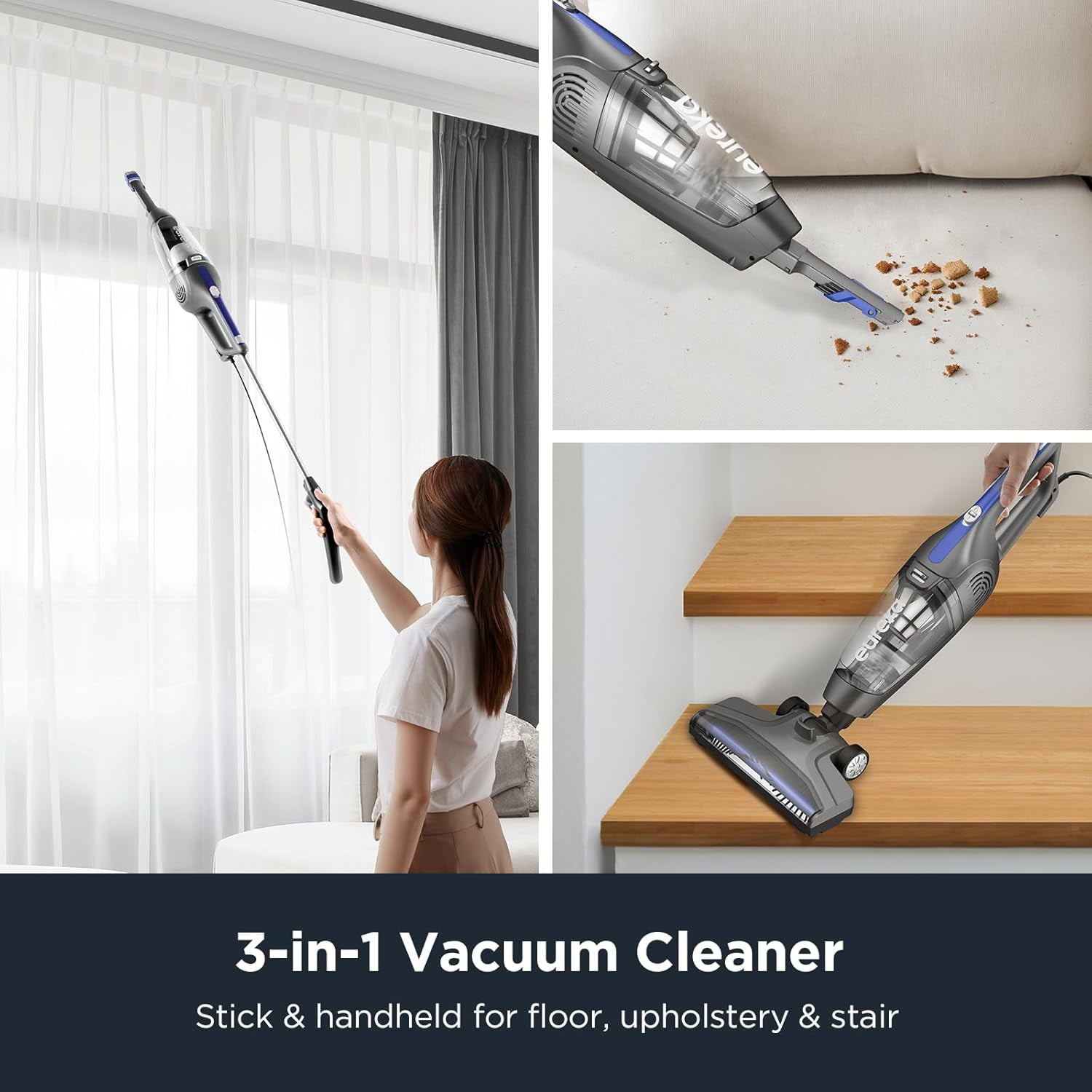 Eureka Corded Stick Vacuum, Wet and Dry, 3-In-1, Handheld, Multi-Surface, Lightweight and Portable, Black and Blue