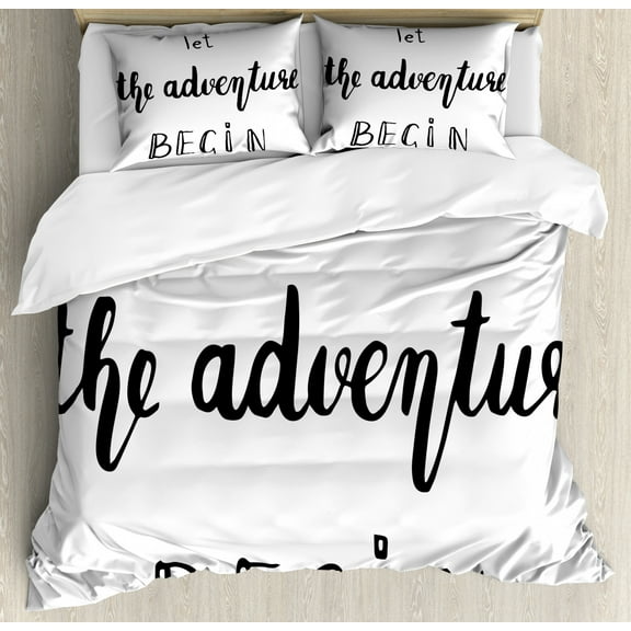 Adventure Queen Size Duvet Cover Set, Hand Written Style Different Typography Inspirational Words of Wisdom Doodle Art, Decorative 3 Piece Bedding Set with 2 Pillow Shams, Black White, by Ambesonne