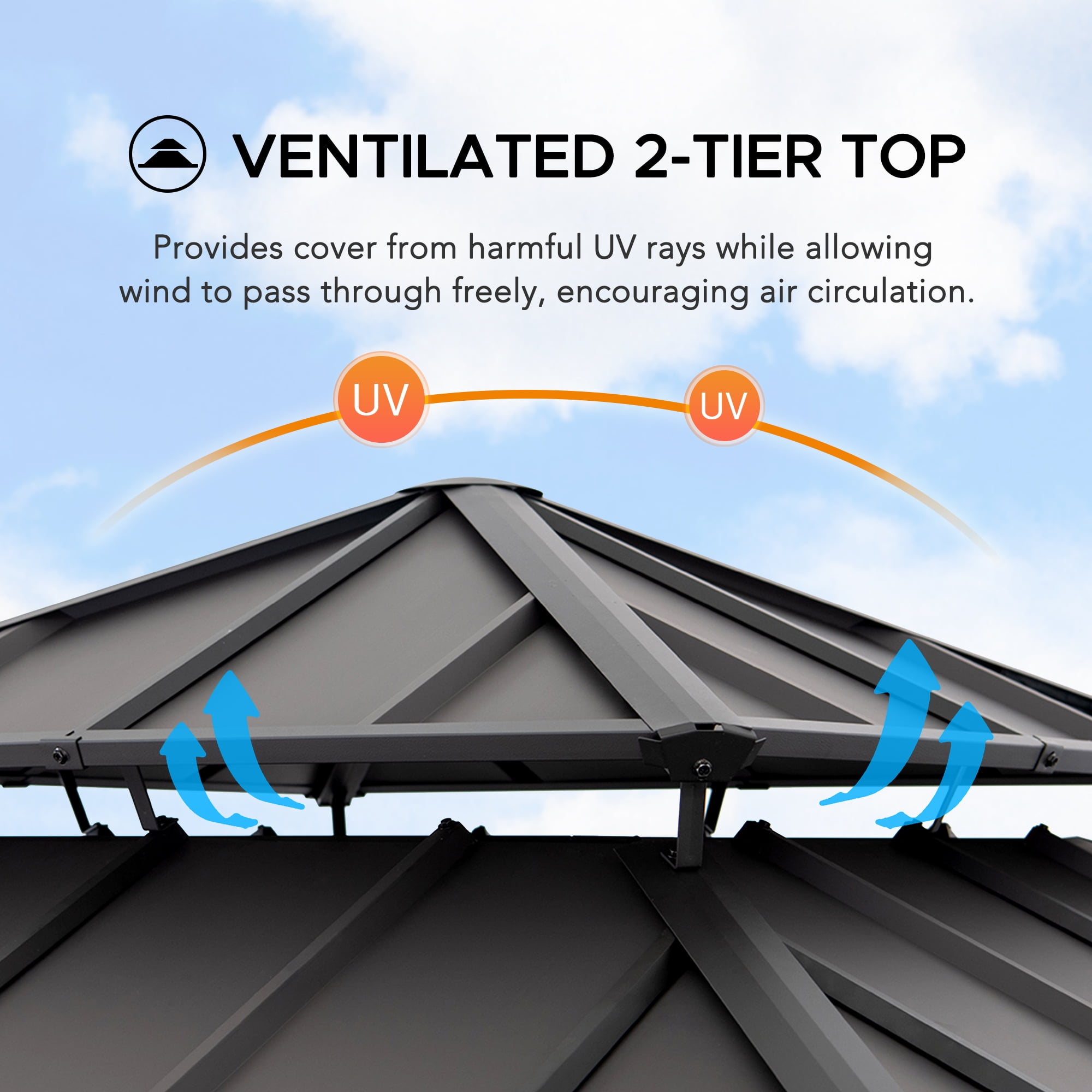 Sunjoy 11 x 11 ft Outdoor Wooden Gazebo Patio Steel Hardtop Gazebo with Cedar Frame and Ceiling Hook Wood Gazebo with 2-tier Metal Roof for Patios, Lawn, and Backyard, Brown