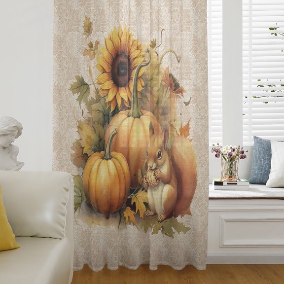 Fall Thanksgiving Semi Sheer Curtains Drapes for Living Room, Bedroom, French Doors Window 72 Inches Long, Orange Pumpkin Farm Animal Sunflower Rod Pocket Chiffon Curtain Drapery Voile Drape Panel