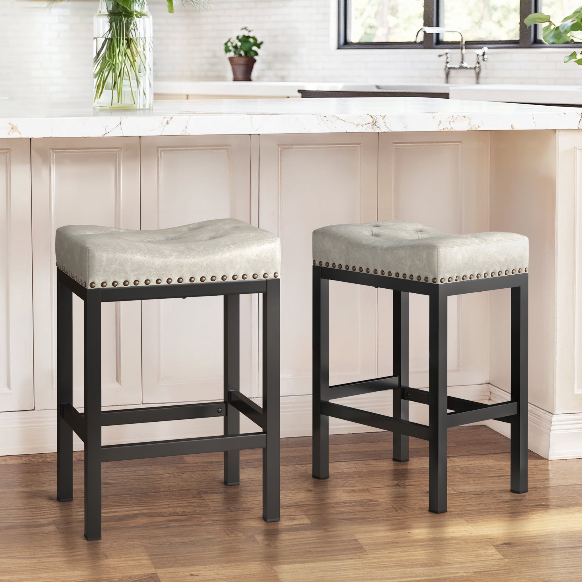 Dycanpo 24” Saddle Bar Stools Set of 4 with Modern Metal Legs, for Home Kitchen, Light Beige Gray