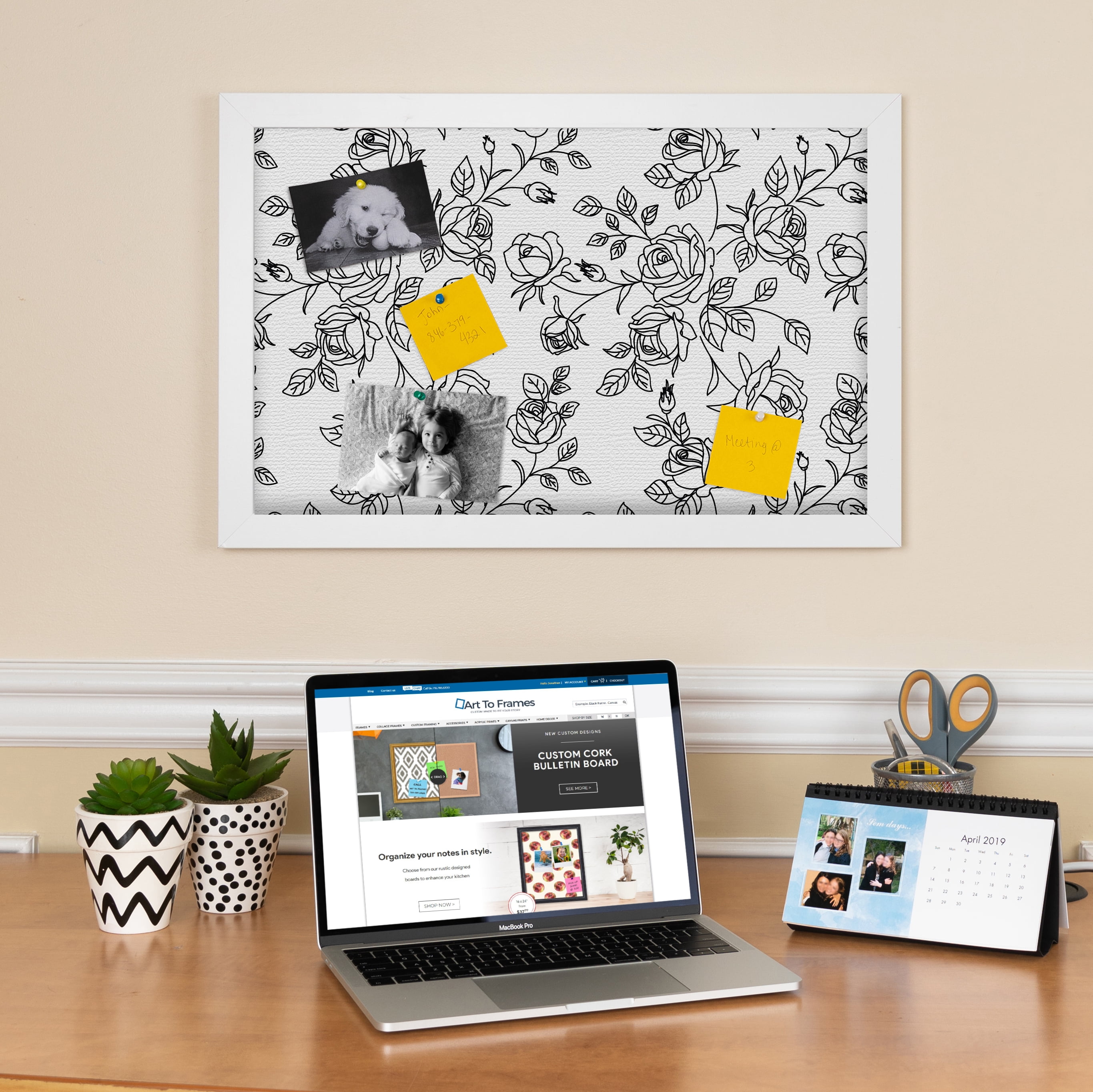 PinPix 21x17 Custom Cork Bulletin Board Black Floral Rose Poster Board Has a Fabric Style Canvas Finish, Framed in Black Floral Rose, by ArtToFrames (PinPix-164)