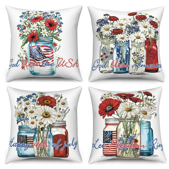 SUNOLIFE 4th of July Throw Pillow Covers Set of 4,Patriotic Pillowcase for Home Decor,18x18 In