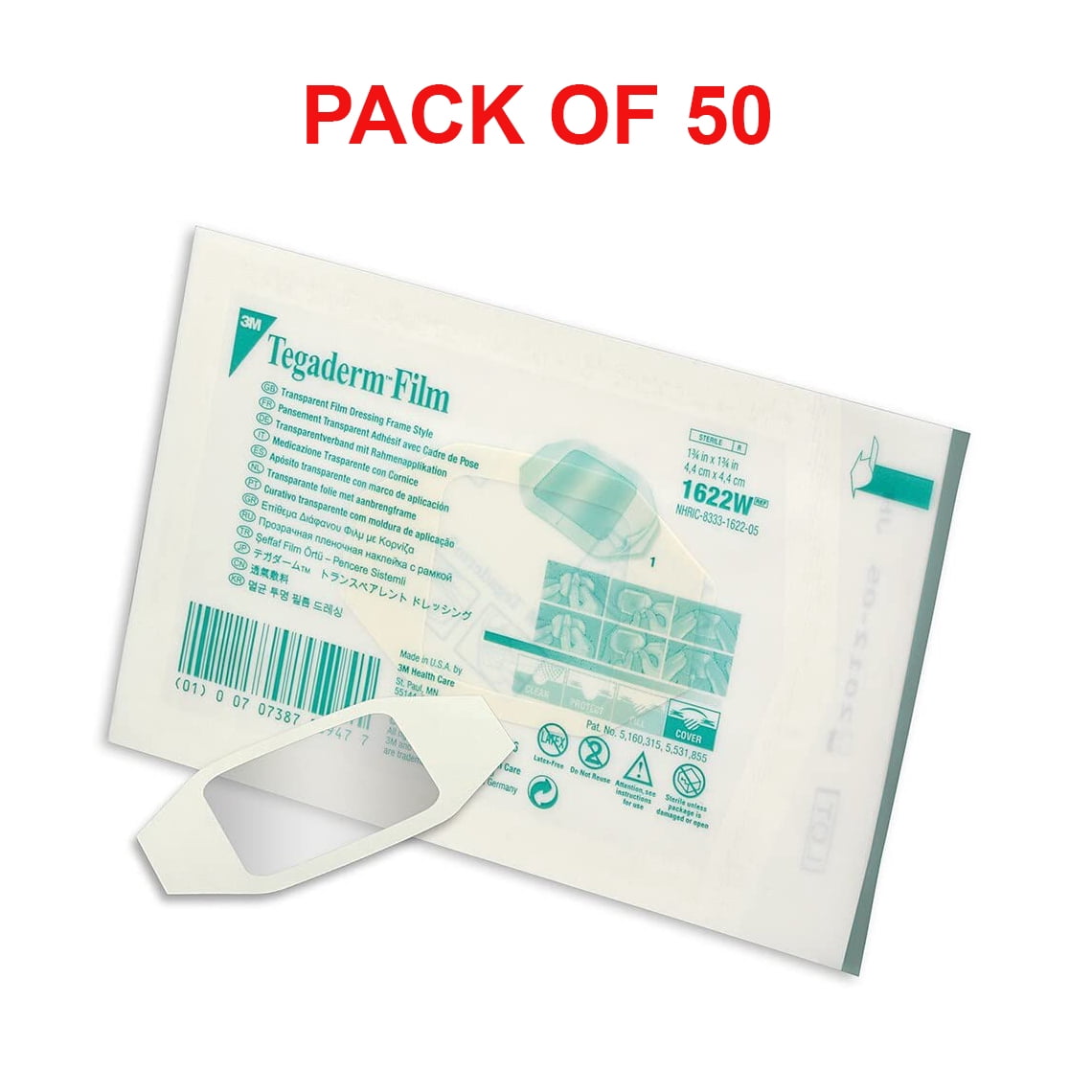 3M 1622W Transparent Film Dressing Sacral Picture Frame Style - For Wound, Cuts, Minor Burns, IV Sites, Ulcers, Scrapes First Aid Sterile, Waterproof & Non-Allergic Bandage - 1-¾” x 1-¾” - Pack of 50