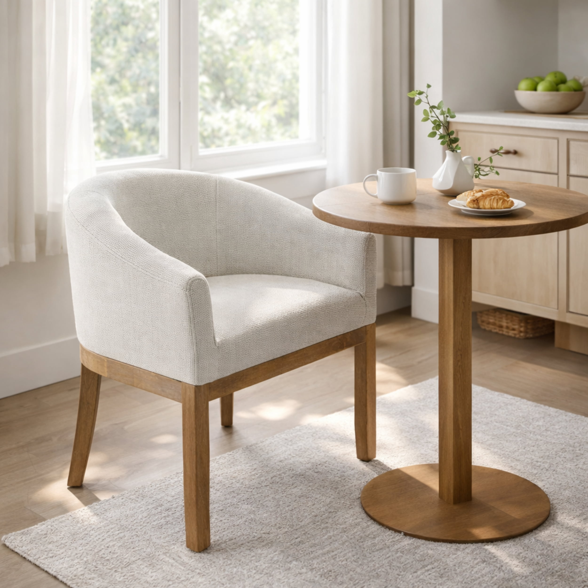 GOMYHOME Upholstered Barrel Dining Chair with Arms, Linen Seat and Rubberwood Frame, Beige