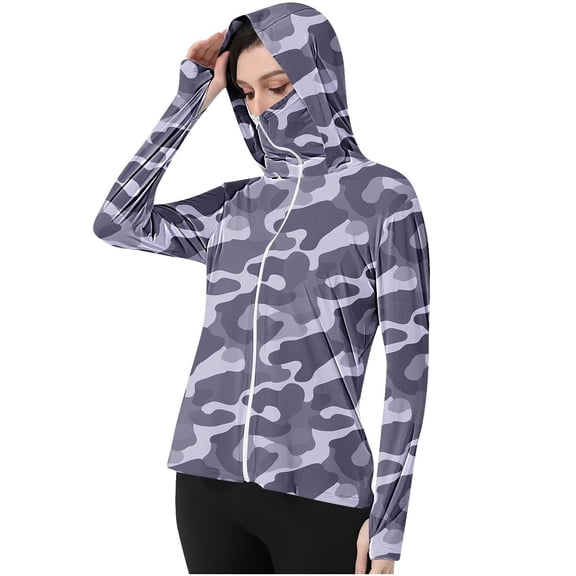 Xfvqtps Womens Light Jacket Hoodie Full Zip Sun Protection Cooling Ice Silk Camouflage Shirts with Thumb Hole for UV Outdoor Hiking Running Purple