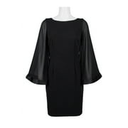 Adrianna Papell Crew Neck Long Sleeve Zipper Back Solid Ottoman Chiffon Dress-BLACK / 12