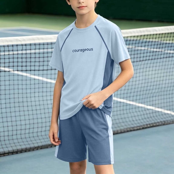 ITSAME Boys Girls Athletic Outfits 2-Piece Short Sleeve Top and Shorts Set Kids Quick-Dry Sportswear Blue Size 14