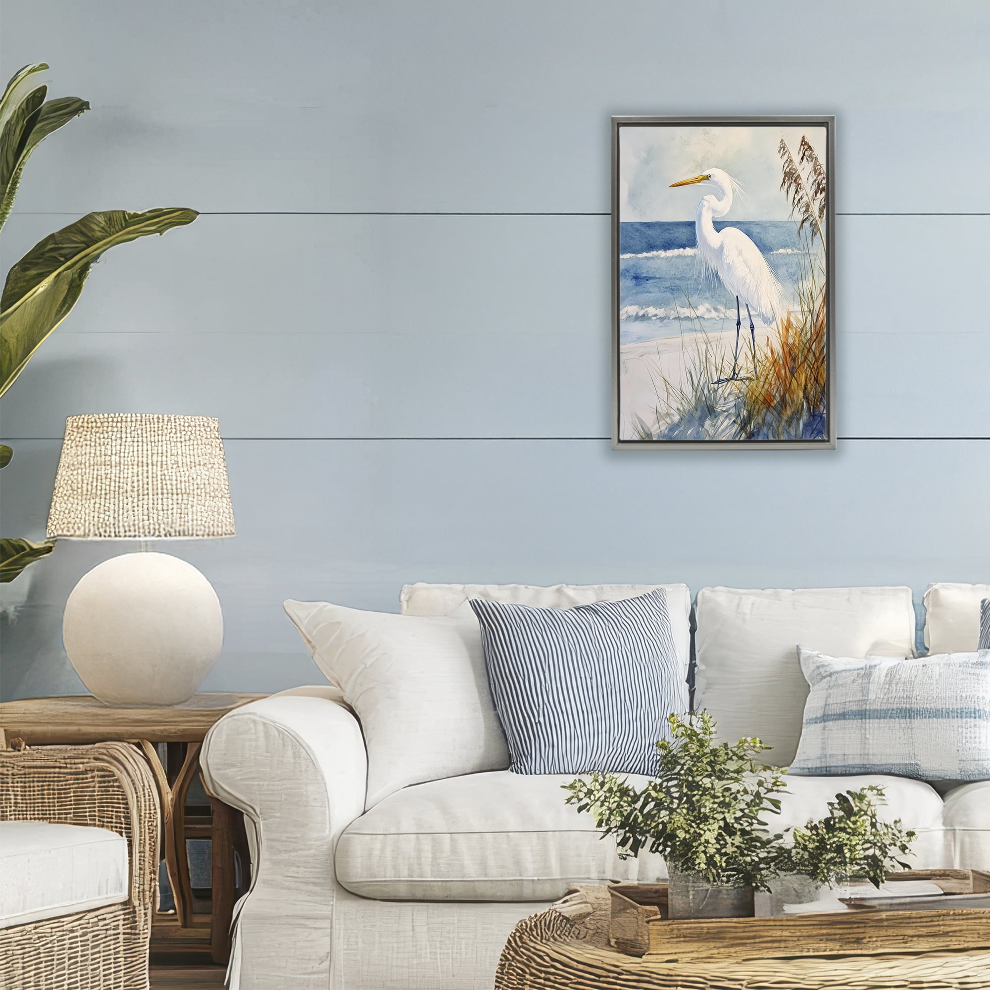 Stupell Industries Egret By The Waves Gray Framed Floater Canvas Wall Art, design by Petal Prints Design
