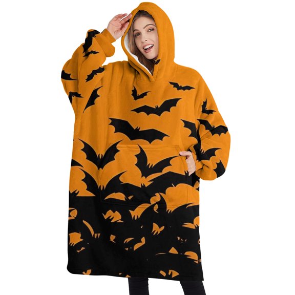 Oversized Wearable Blanket Hoodie,Halloween Bat Silhouette Pattern Sherpa Blanket Hoodie with Super Pockets,Super Warm Fuzzy Pullover for Women & Men