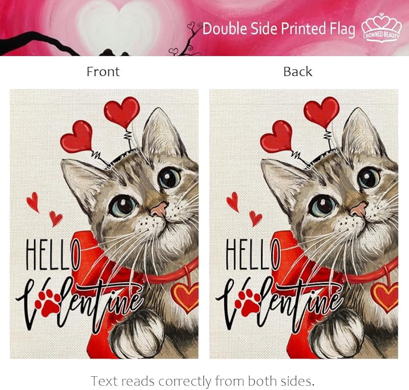 Valentines Day Cat Garden Flag Hello Valentine Double Sided for Outside Small Burlap Red Holiday Yard Decoration