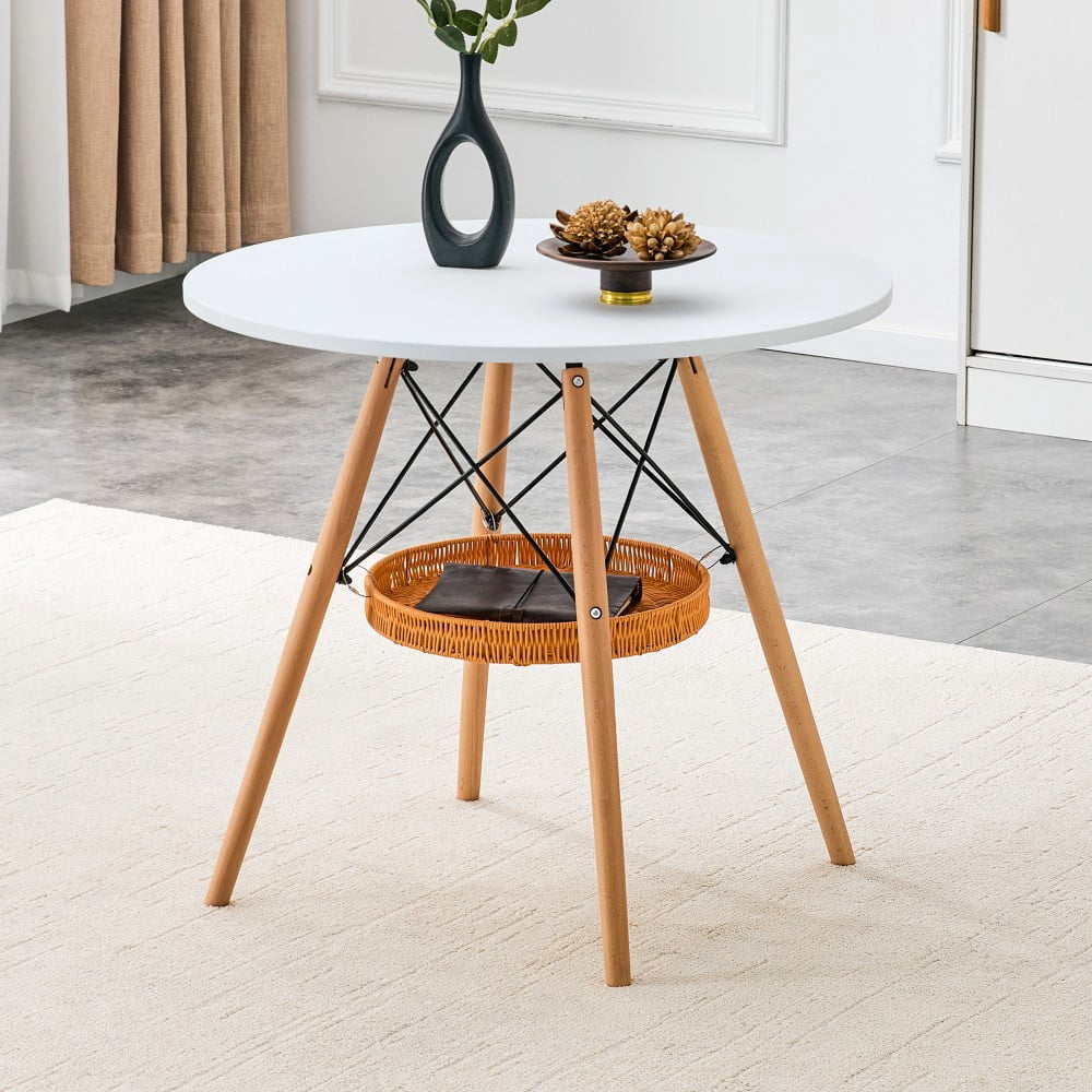 31.5" Round Dining Table, White MDF Vacuum-Formed Tabletop with Solid Wood Legs, Woven Storage Basket, Modern Kitchen Table for 2-4