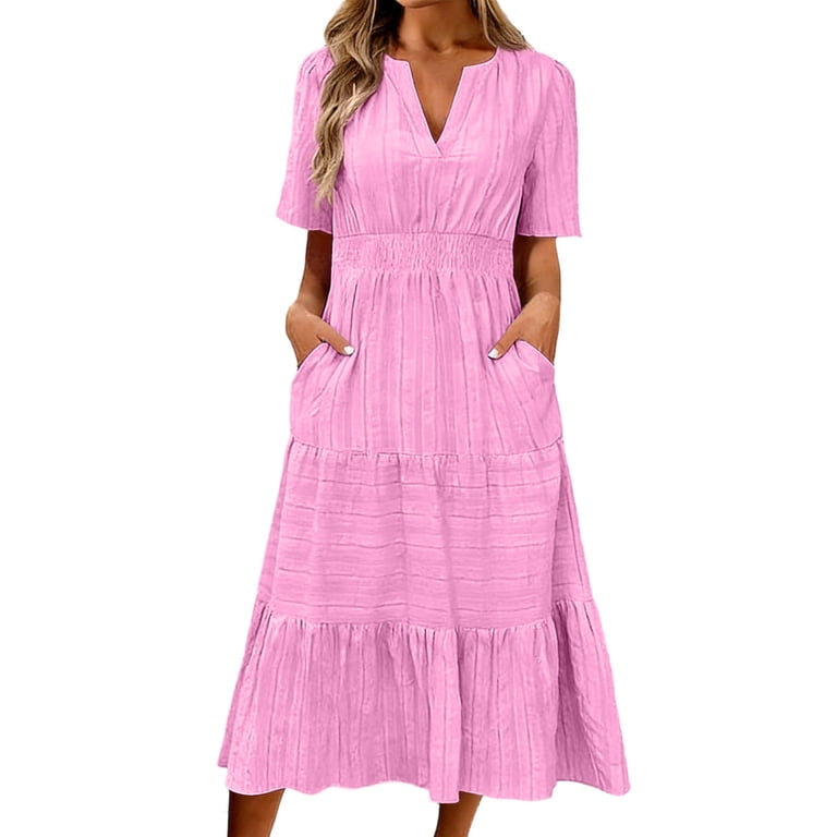 Qzwdhjm Tiered Linen Dress for Women Short Sleeve V Neck Midi Dress with  Elastic Waist and Pockets for Summer Beach Travel - Walmart.com