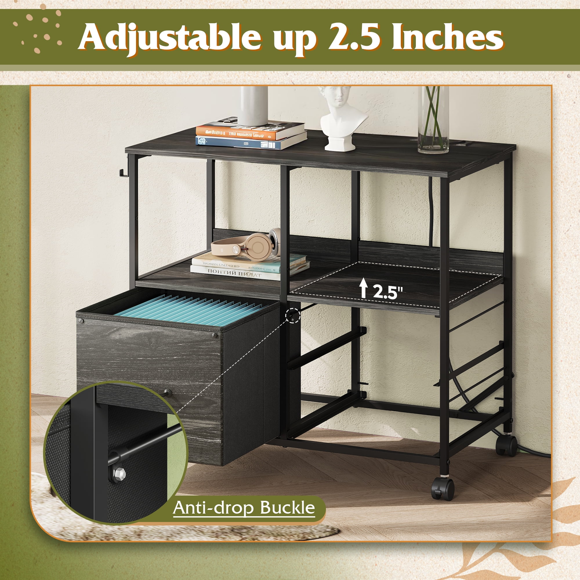 GALAXHERO 3 Drawer File Cabinet with Charging Station, Mobile Printer Stand with Storage Shelves, Filing Cabinet Furniture for Home Office, Fits Letter/A4, Black Wood Grain Print