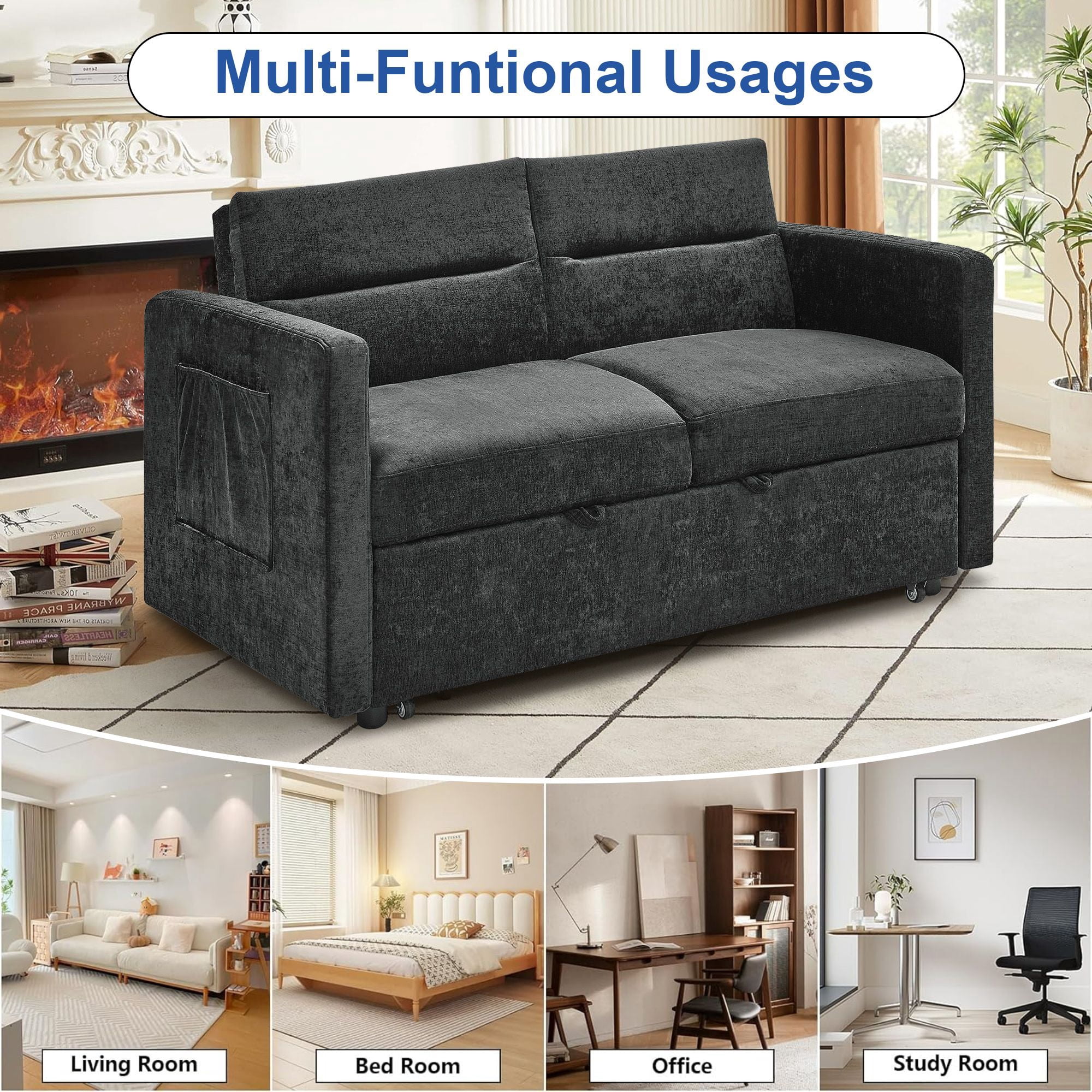 DEALTOPS Convertible Pull Out Sofa Bed, Adjustable Loveseat Sleeper with Side Pockets, Black