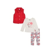 Kids Headquarters Little Girls Button Up Sherpa Vest Graphic T-Shirt Leggings 3 Piece Set Red 4
