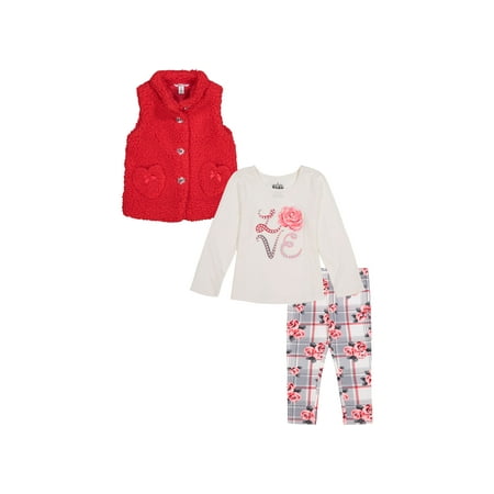 Kids Headquarters Little Girls Button Up Sherpa Vest Graphic T-Shirt Leggings 3 Piece Set Red 4