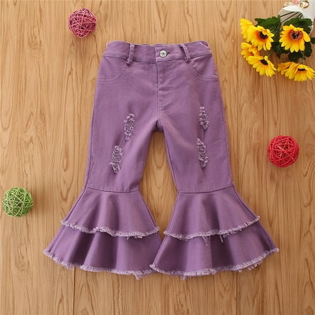 

THE WILD Toddler Denim Bell-Bottoms Pants Baby Girls Ruffle Bell Bottom Trousers Ruffle Flare Skinny Jeans For Kids 1-6T