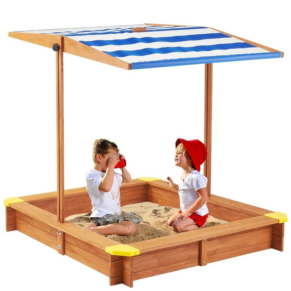 Aukfa Wooden Sandbox w/Adjustable Canopy & Cover for Kids,Brown