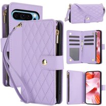 Case for Google Pixel 9 / 9 Pro RFID Blocking Protective Purse Case With Card Slots Holder Kickstand Wrist Strap Lanyard Zipper 3-card Flip Wallet Case,Purple,For Pixel 9 / 9 Pro