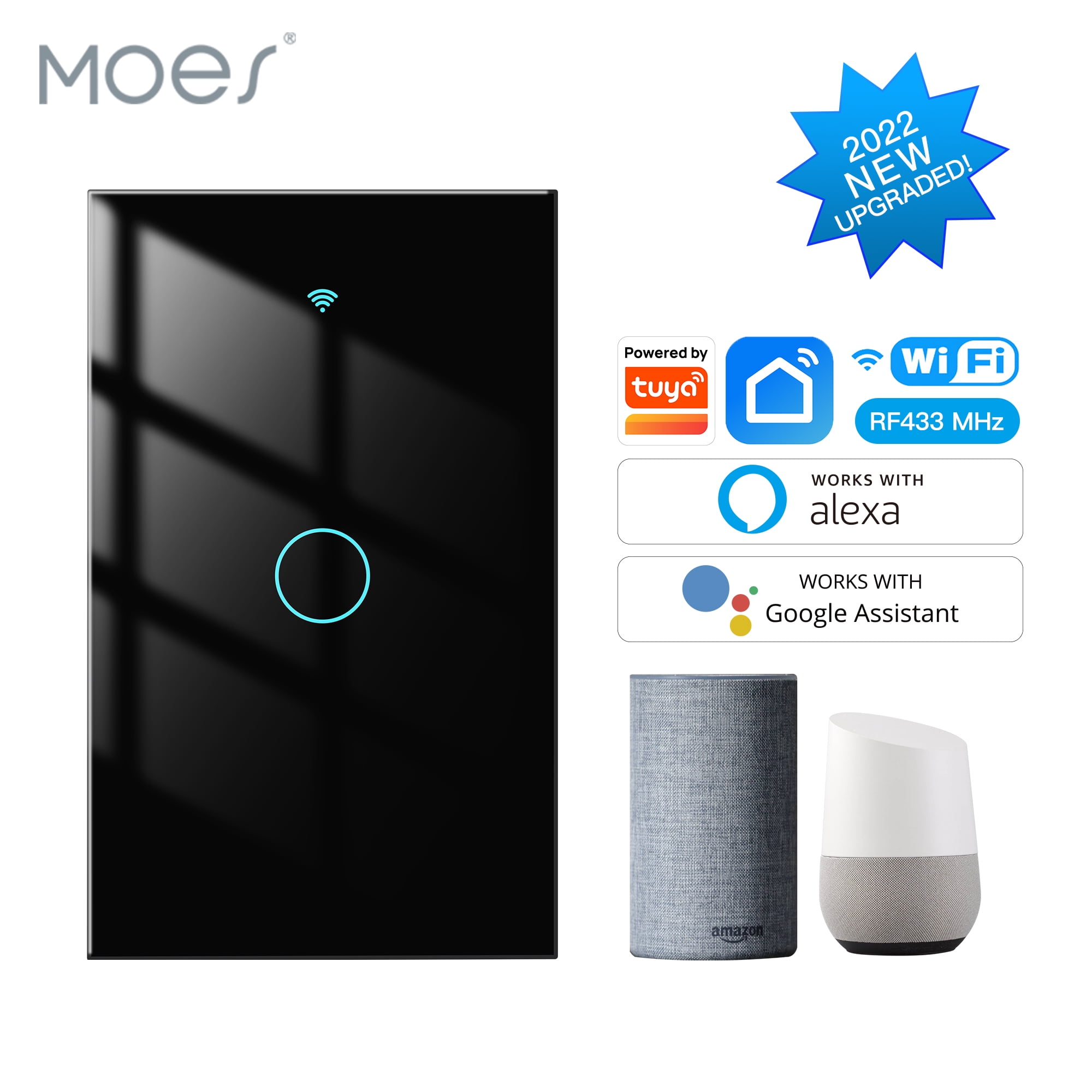 MOES 3 -Way WiFi Smart Light Switch, Glass Panel, Remote Control, RF433, 1  Gang, Black - Walmart.com