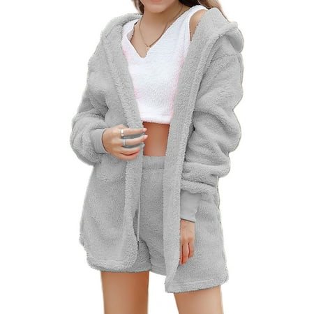 

Bomotoo Open Front Lounge Sets for Women Long Sleeve Loose Nightwear Winter Warm V Neck Solid Color Loungwear Gray S