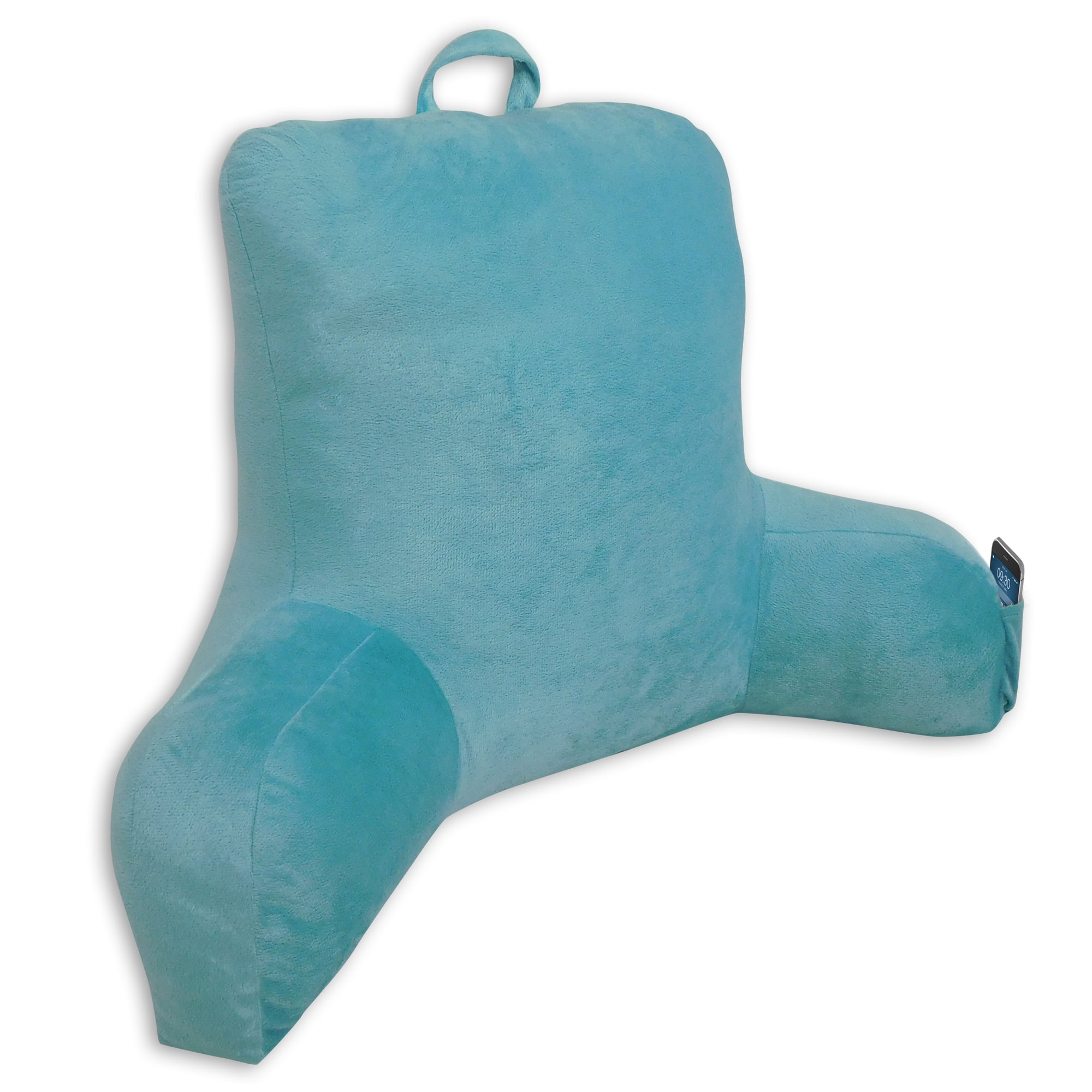 Mainstays Bed Rest Lounger Pillow -Faux Mink Fabric with Polyester Filling, 27" x 14" x 18", Solid Color Aqua with Pocket