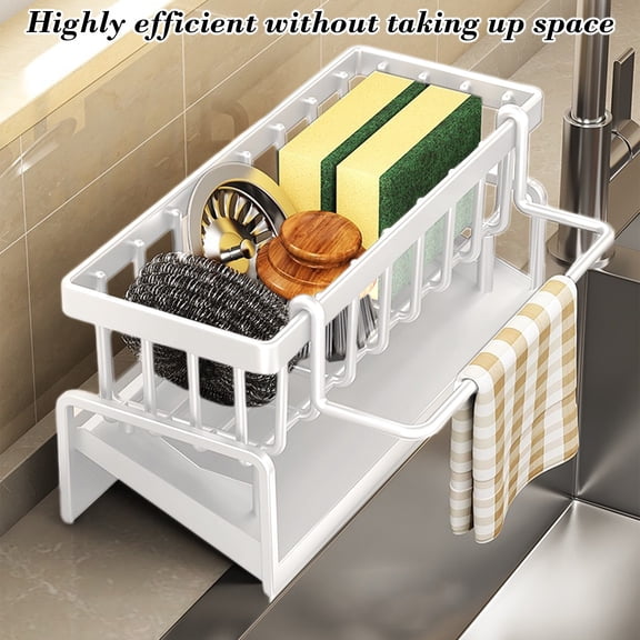 HCBY Sink Side Kitchen Organizer Rack, 2-Tier Countertop Storage for Sponge, Dishcloth & Utensils(White,9x4.2x3.4inch)