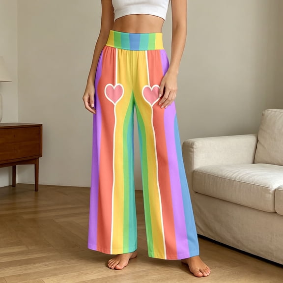 RUTAYY Women's Pants Wide Leg Rainbow Vertical Stripe Heart Print High Waist Elastic Waist Side Pockets Loose Casual Vacation Trousers