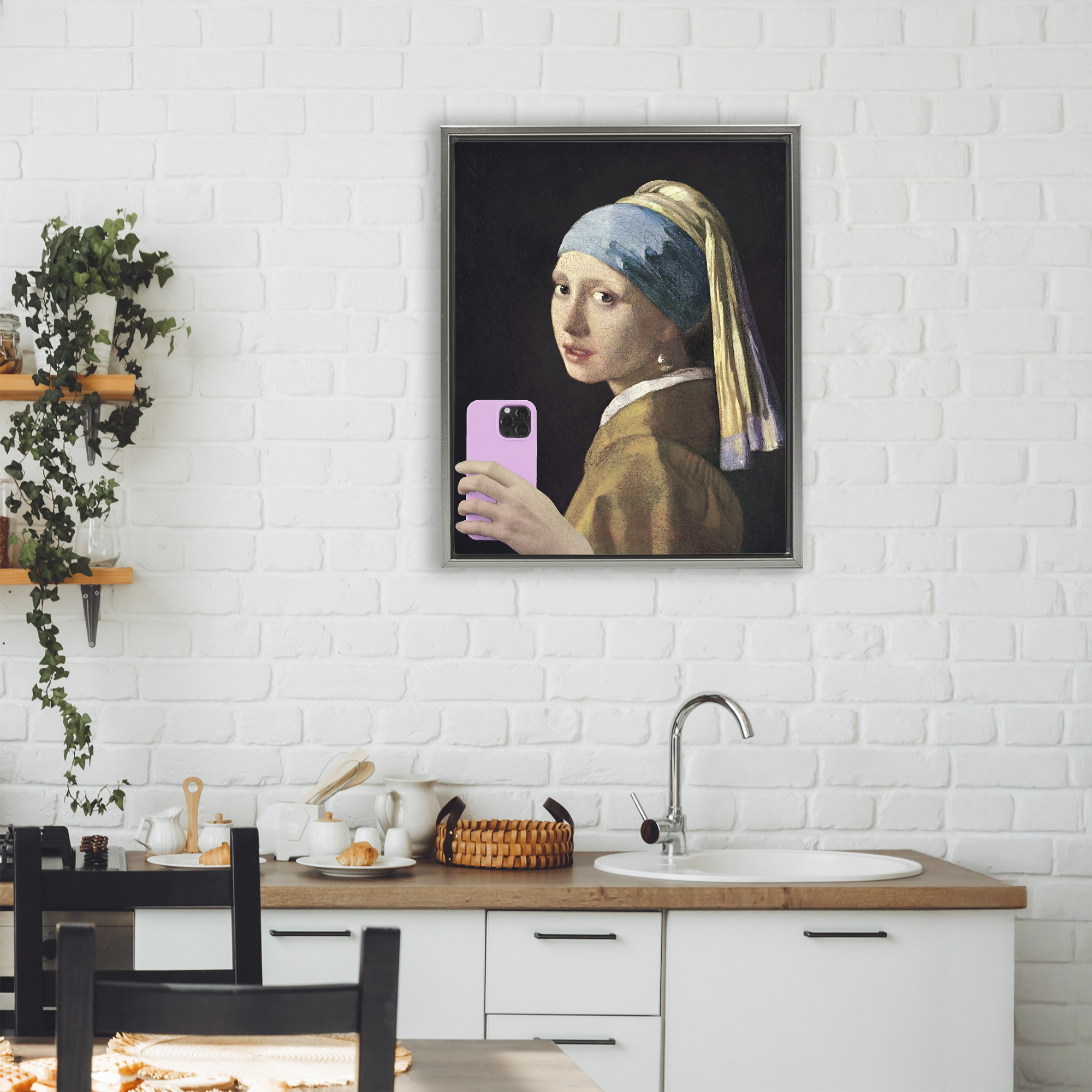 Girl With Pink Phone Funny Gray Framed Floater Canvas Wall Art, design by Masters Redux