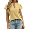 thumbnail image 2 of Women's Yellow V-Neck Ruffled Sleeve T-Shirt with Hollow Out Dots, Loose Casual Summer Top - Size M, 2 of 6