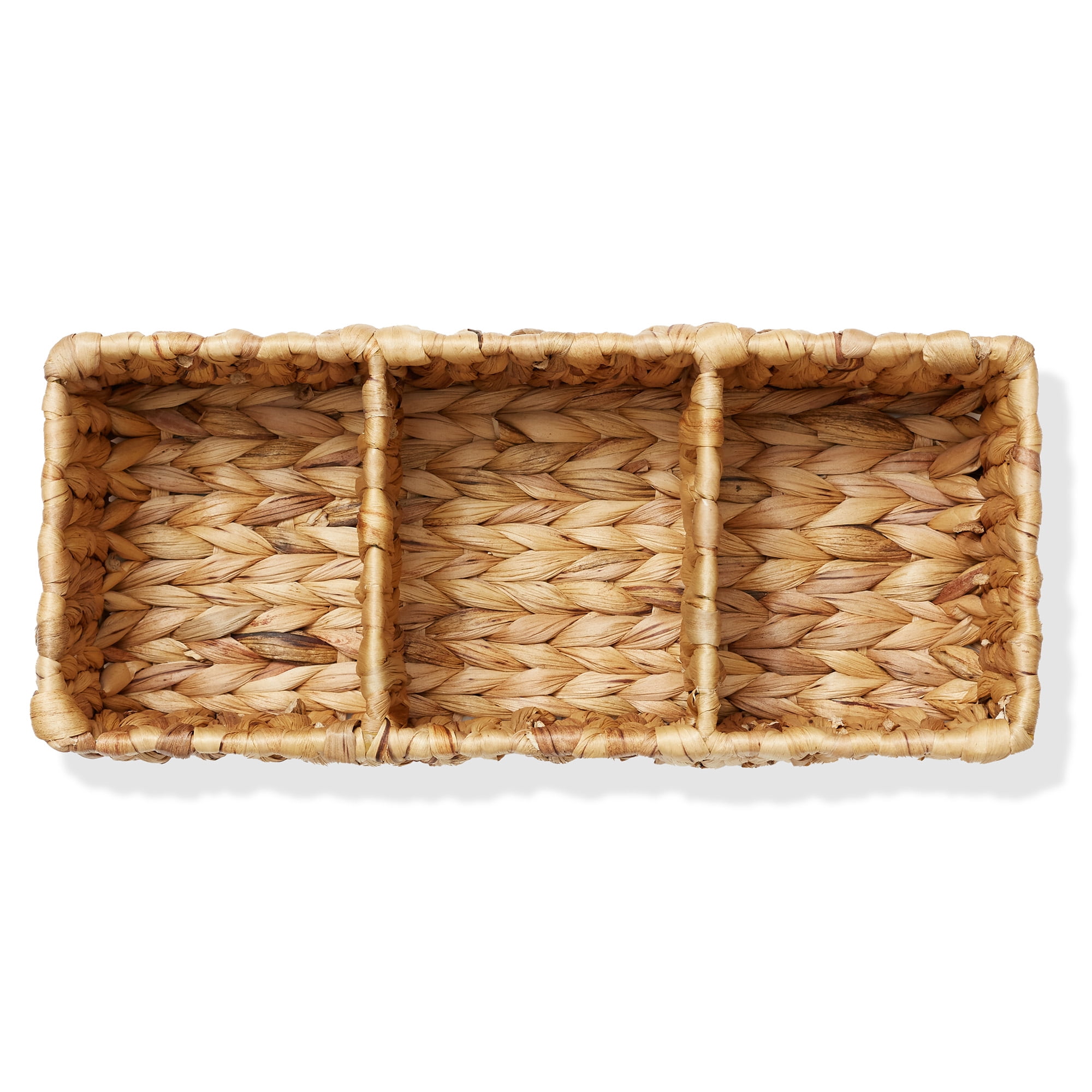 Casafield Set of 2 Water Hyacinth Storage Baskets with 3 Sections, Natural - Woven Bin Organizers for Bathroom, Laundry, Pantry, Office, Shelves
