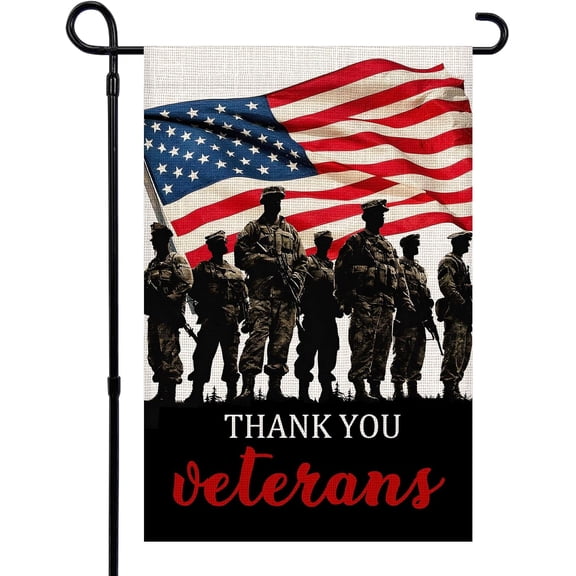 Patriotic Holiday Thank You Veterans Garden Flag 12x18 Inch Double Sided Burlap Soldier Banner for 4th of July Independence Veterans Memorial Day Yard Decor