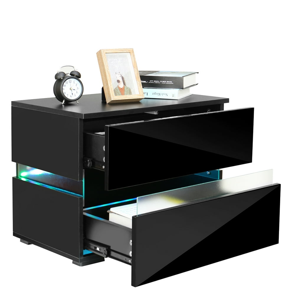 LED Wooden Bedroom Nightstand, High Gloss White / Black, Night Stand