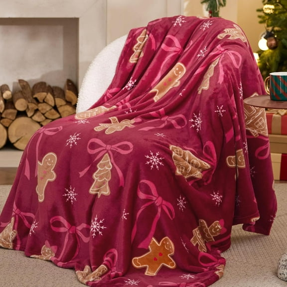Christmas Throw Blanket for Couch - Soft and Warm Gingerbread Throw Blanket Christmas Decoration Gifts for Women, Red 50"x60"